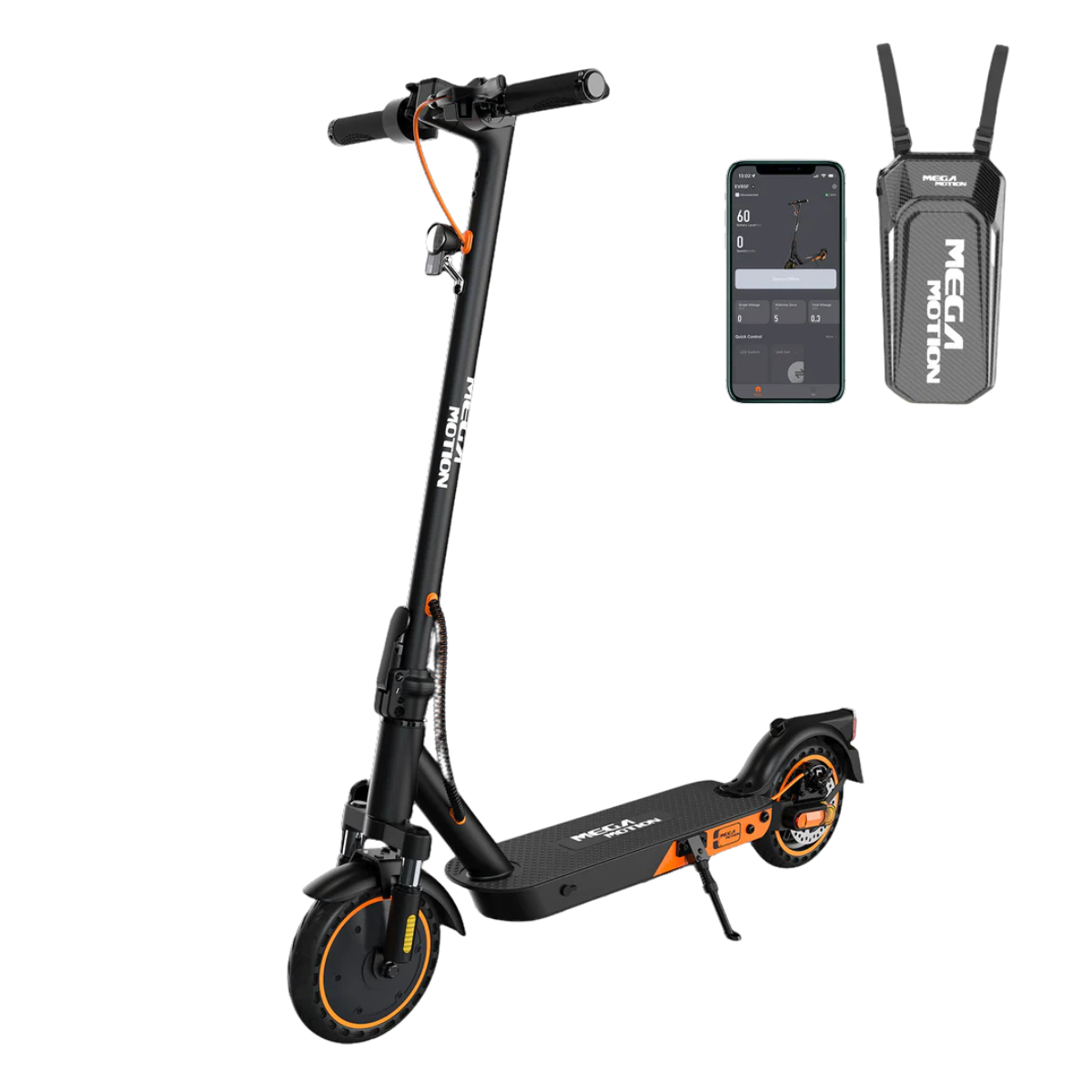 Czarna hulajnoga elektryczna z pomarańczowymi akcentami. Telefon pokazuje prędkość, obok wisi torba z logo marki.