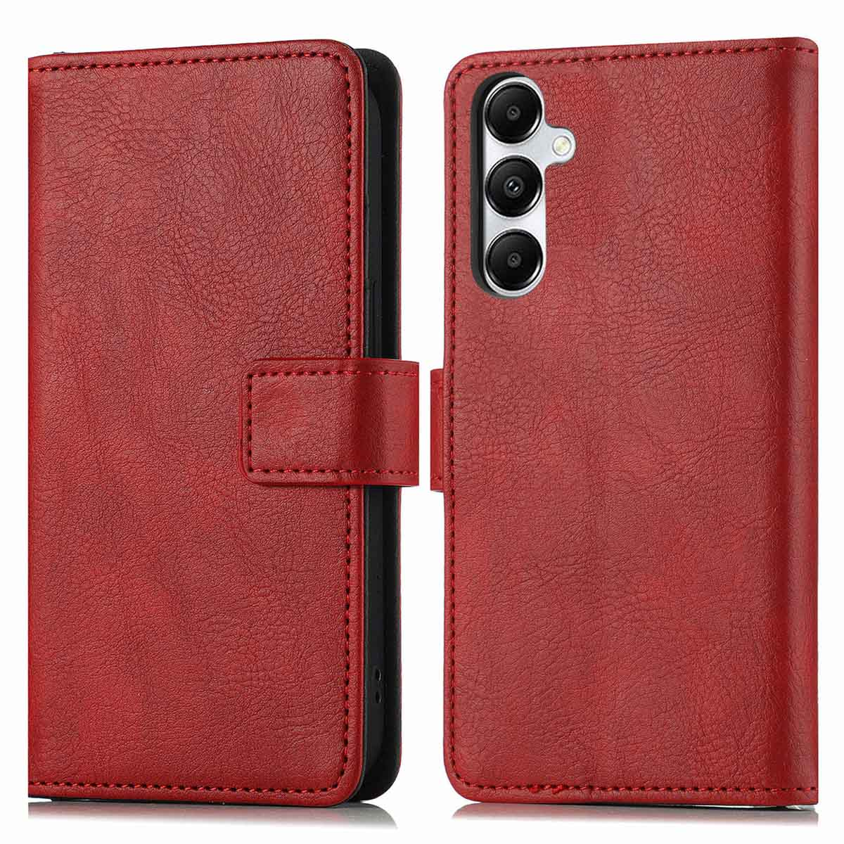 Open rode leren telefoonhoes. Met magnetische sluiting en camera-uitsparing.
