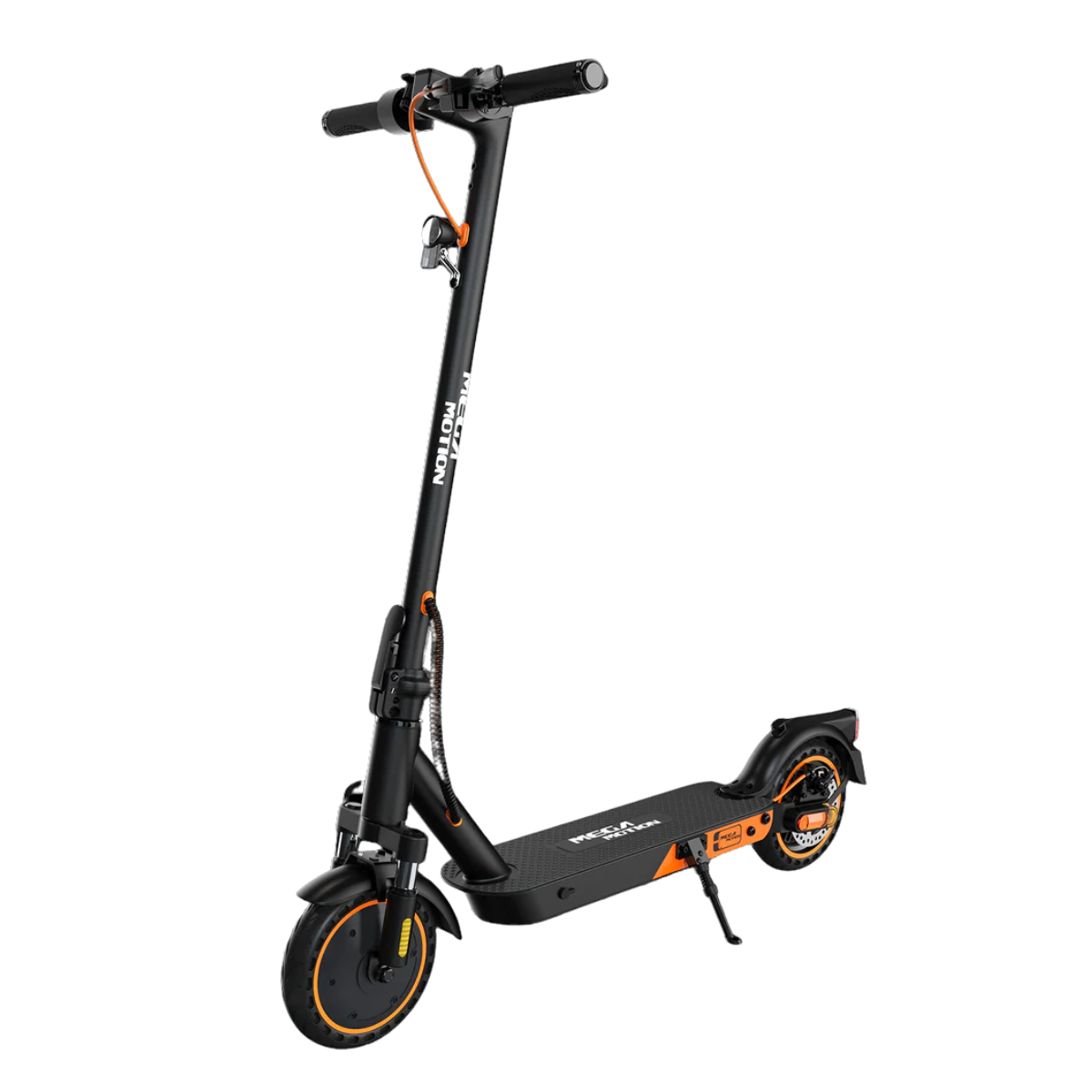 Czarna hulajnoga elektryczna z pomarańczowymi akcentami. Ma kierownicę, platformę i dwa koła. Widoczna jest nazwa marki.