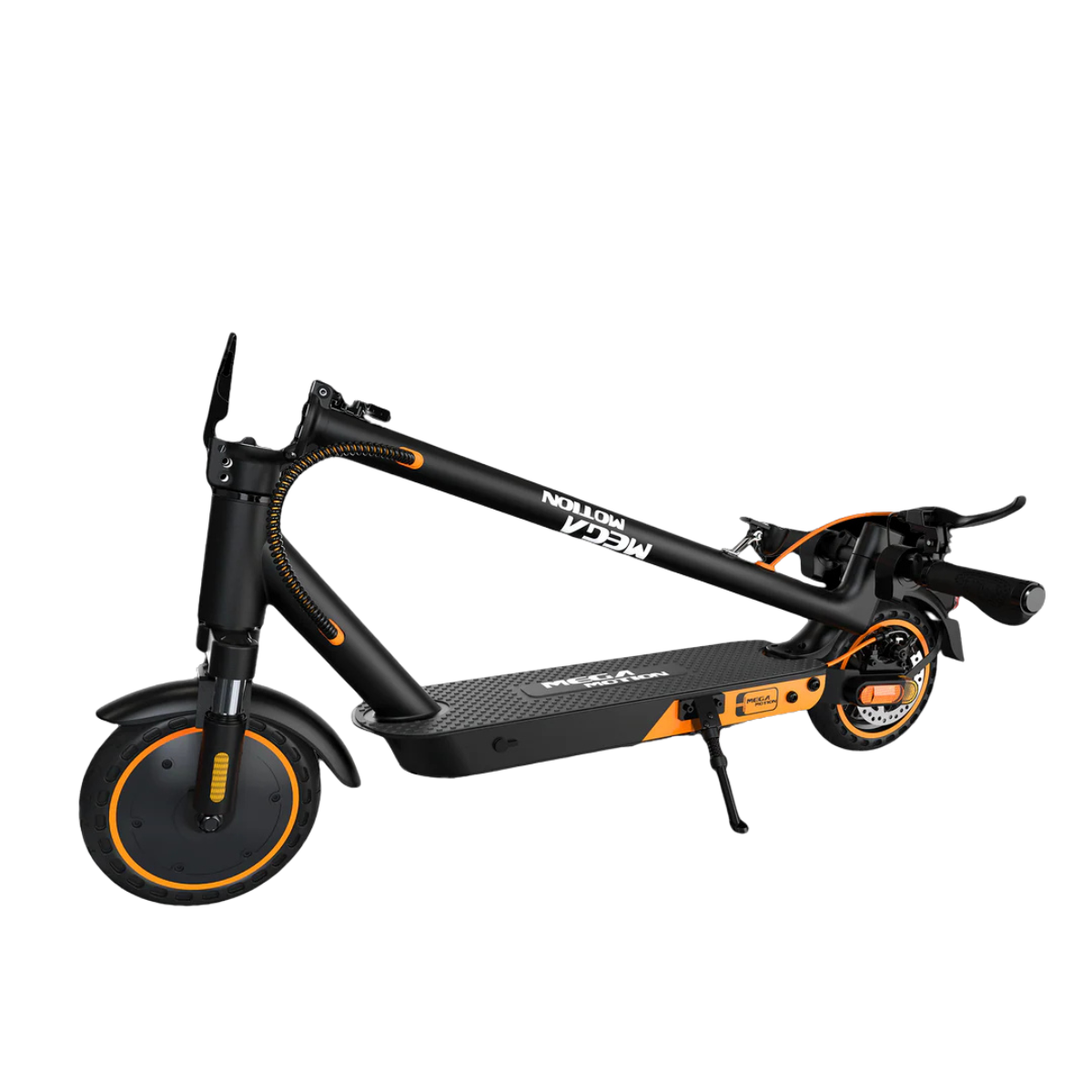 Czarny i pomarańczowy skuter elektryczny na białym tle. Skuter ma nadrukowane słowa 'MOTION' i 'MEGA'.