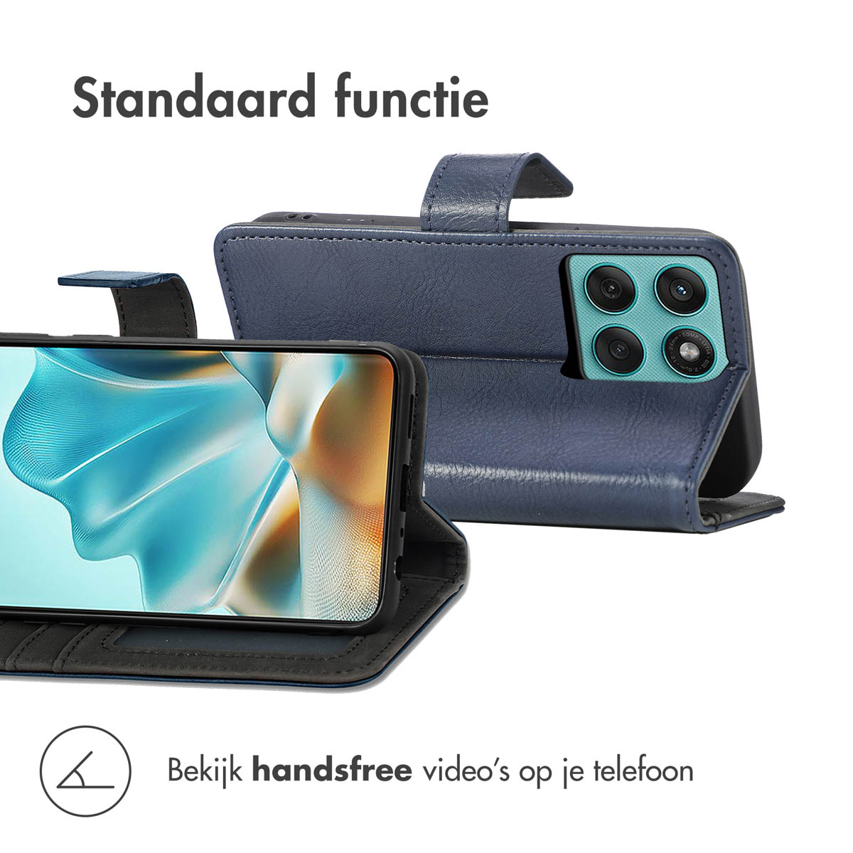 Een blauwe telefoonhoes met een telefoon erin. De telefoon toont een blauw en wit abstract ontwerp. Boven staat 'Standaard functie'.