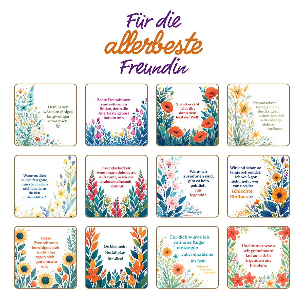 Eine Grußkarte mit Blumendesigns und deutschem Text über Freundschaft.
