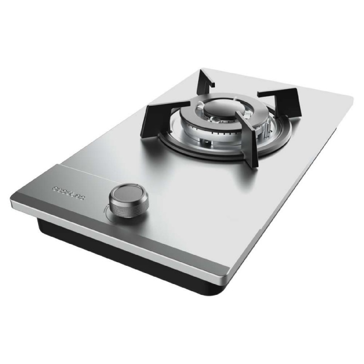 Kuchenka gazowa ze stali nierdzewnej. Ma palnik, pokrętło i czarne podpory na garnki. Tło jest białe.