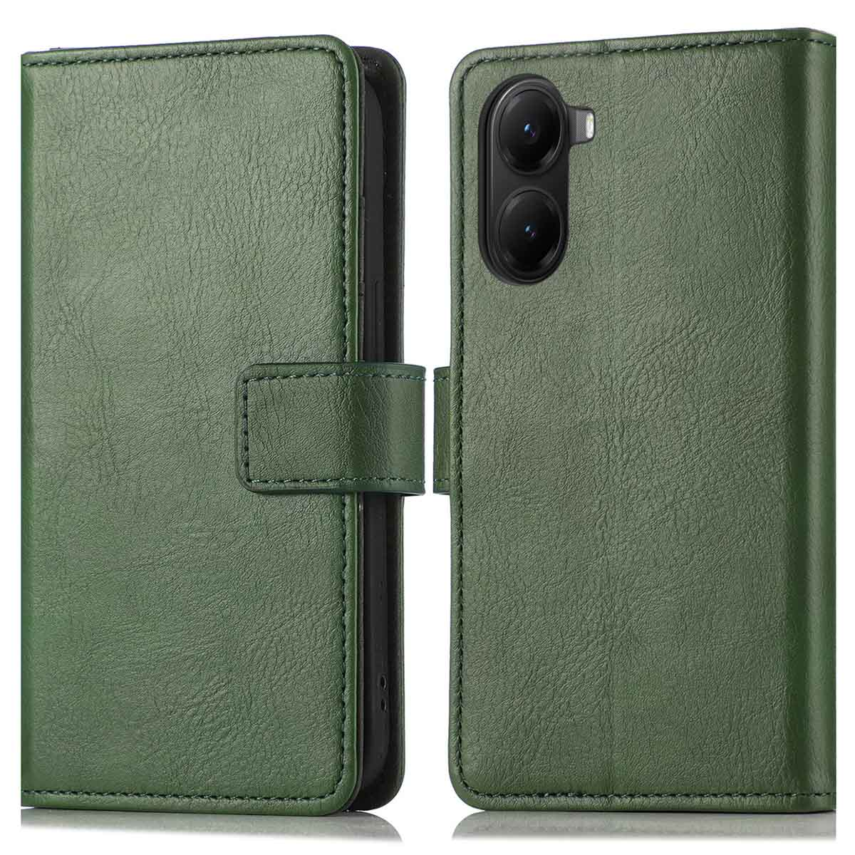 Étui de téléphone en cuir vert, ouvert. Il montre un téléphone avec deux lentilles de caméra. L'étui a une fermeture magnétique.