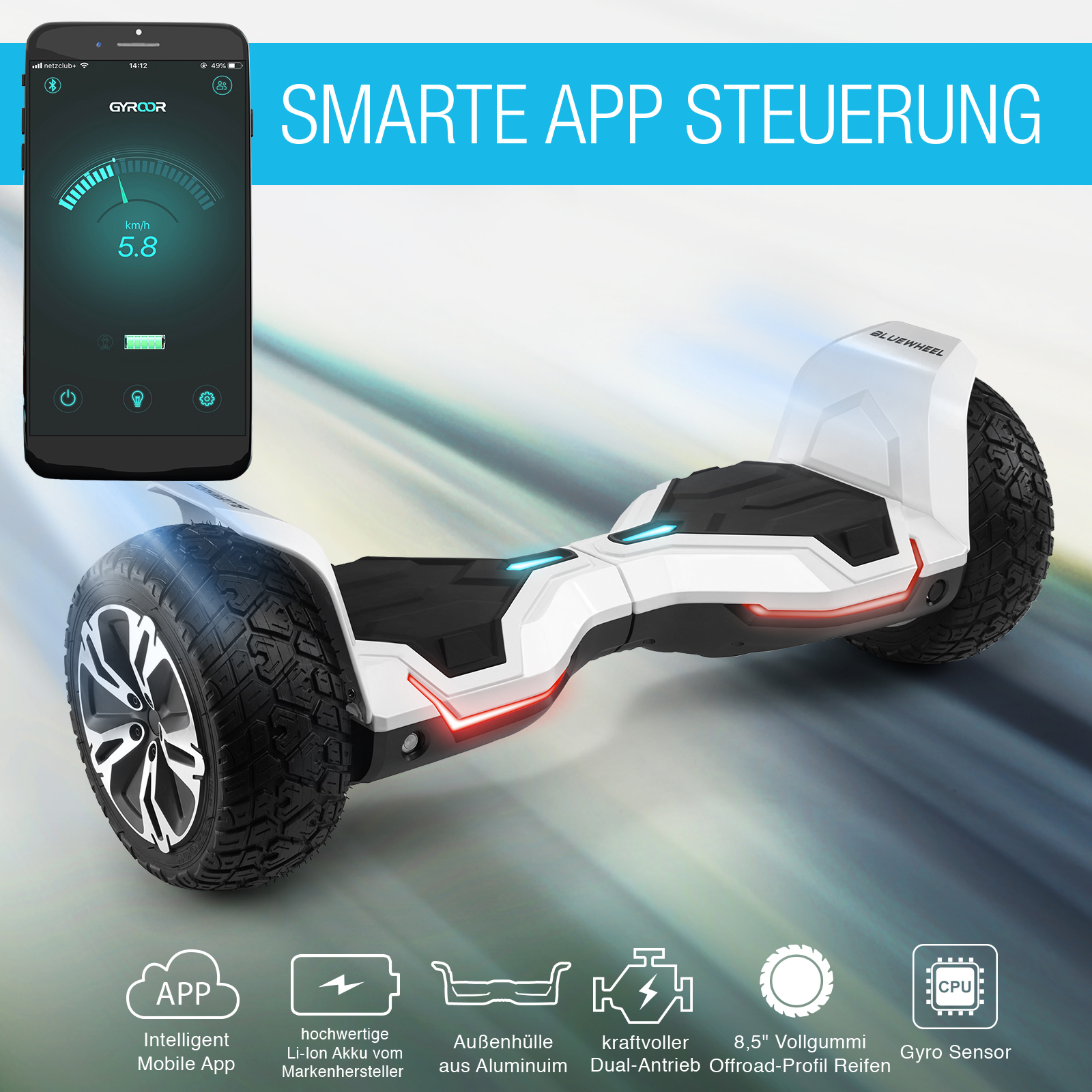 Ein weißes Hoverboard mit schwarzen Reifen, ein Telefon, das die Geschwindigkeit anzeigt, und Text: 'SMARTE APP STEUERUNG'.
