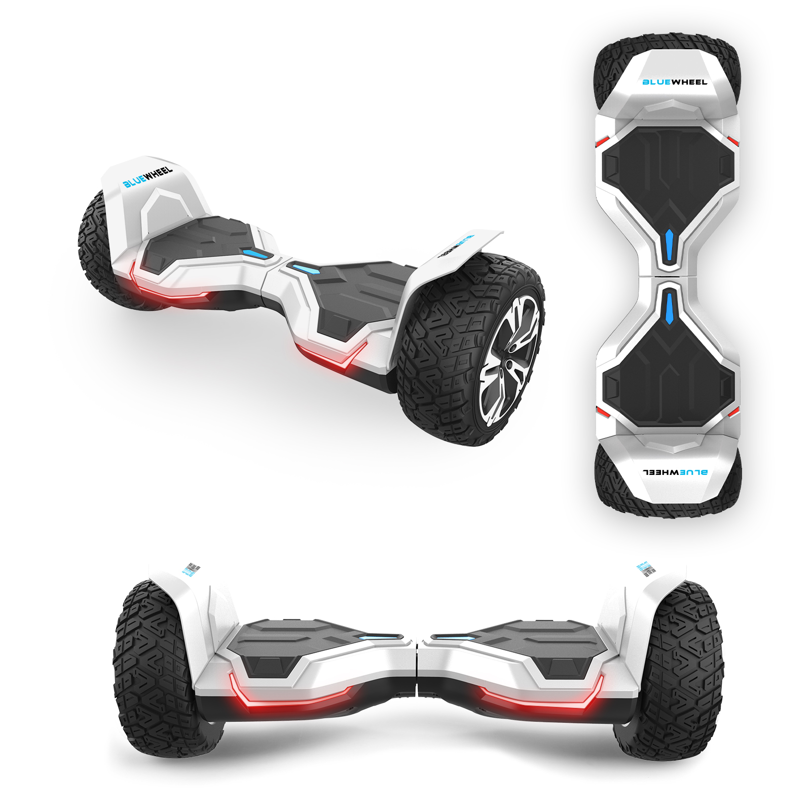 Drei Hoverboards in Weiß. Jedes hat schwarze Mittelplattformen, schwarze Reifen und rote und blaue Lichter. Die Marke ist 'BLUEWHEEL'.