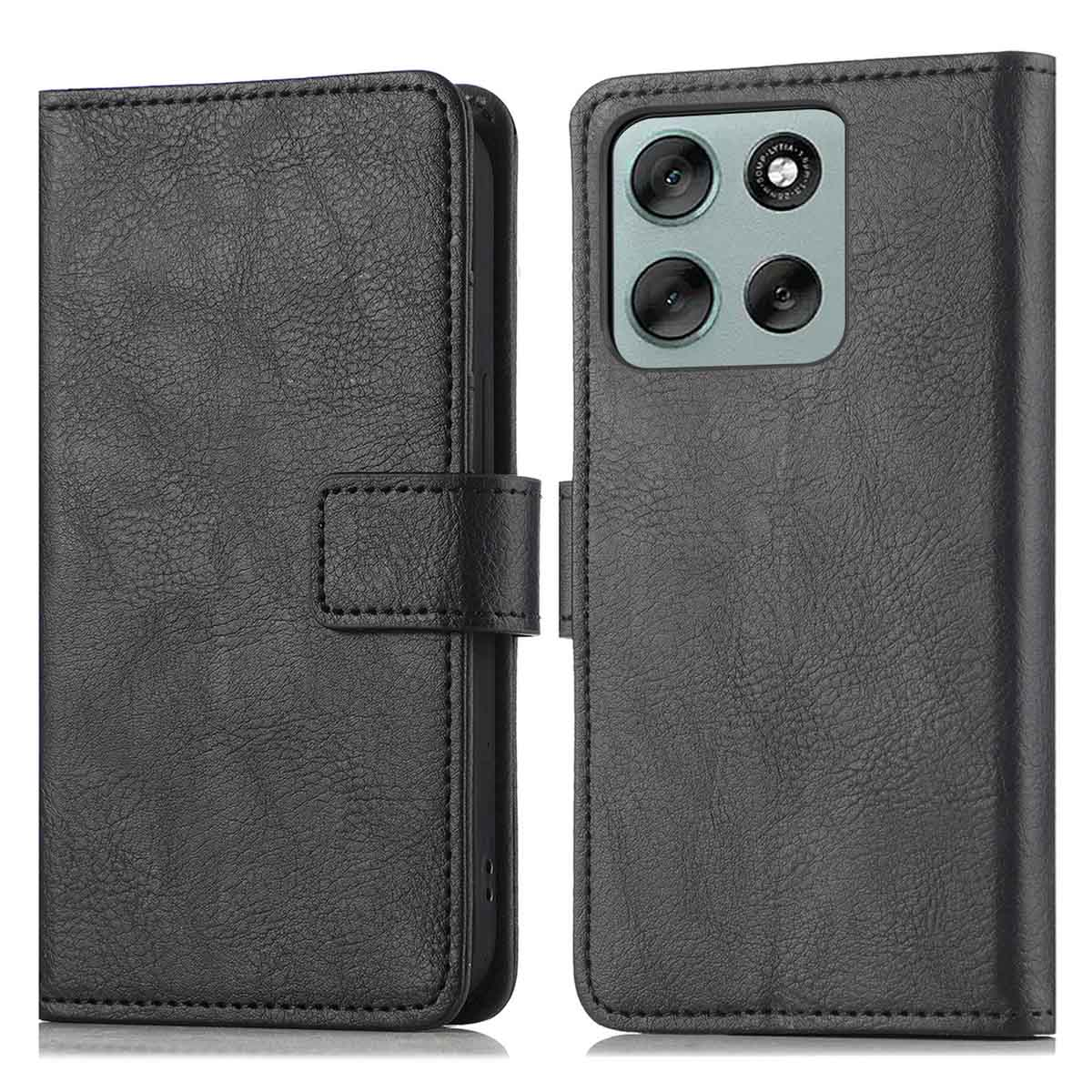 Étui de téléphone en cuir noir ouvert. Le côté gauche est pour les cartes, le côté droit a une caméra. Les deux côtés sont texturés.