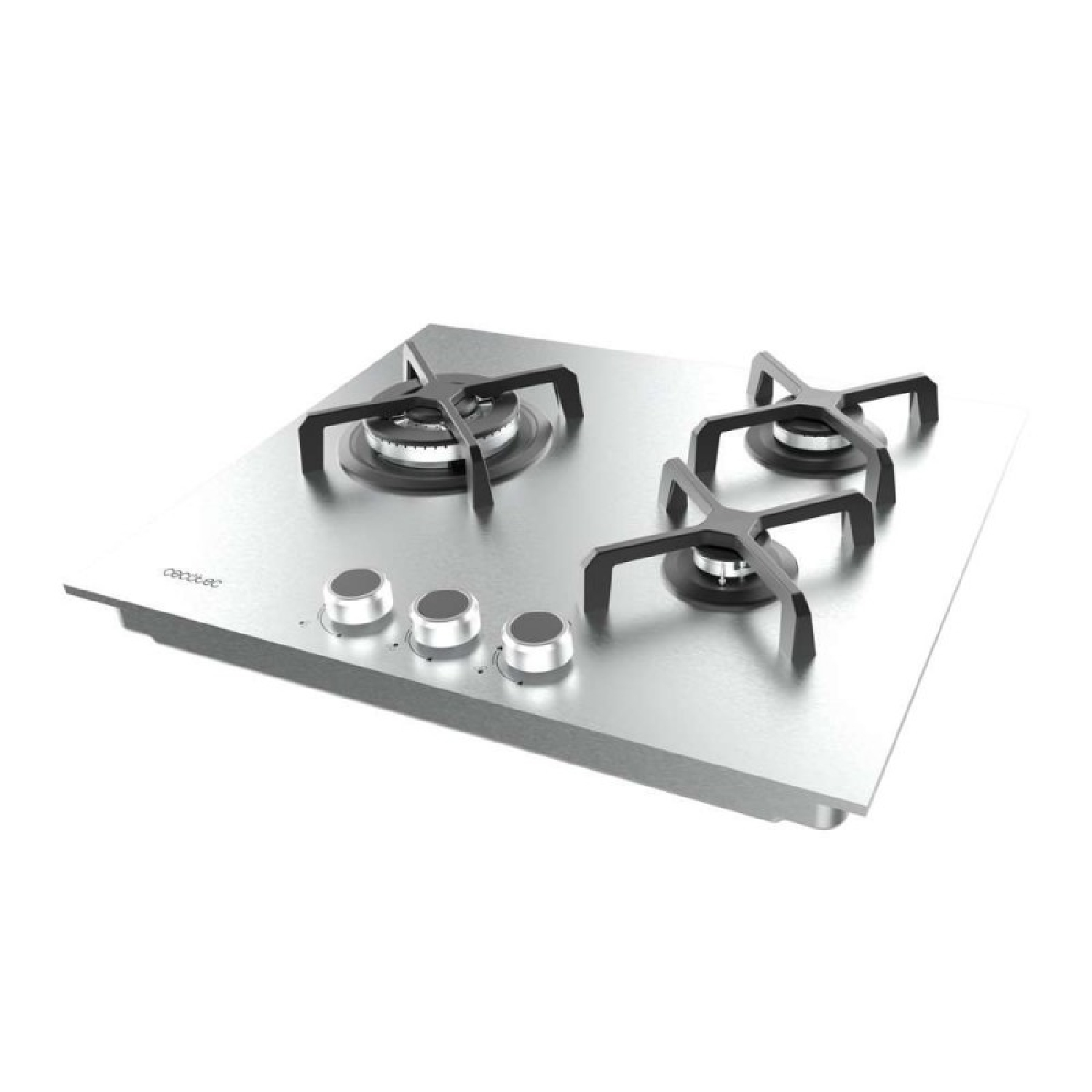Płyta gazowa ze stali nierdzewnej z czterema palnikami i pokrętłami sterowania jest pokazana na białym tle. Płyta ma czarne ruszty.