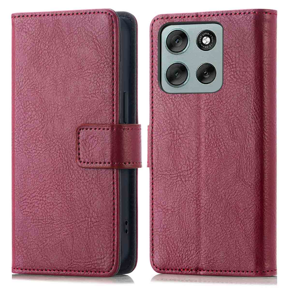Een bordeauxrode leren telefoonhoes, open om de telefoon te laten zien. Het heeft een magnetische sluiting en zichtbare stiksels.