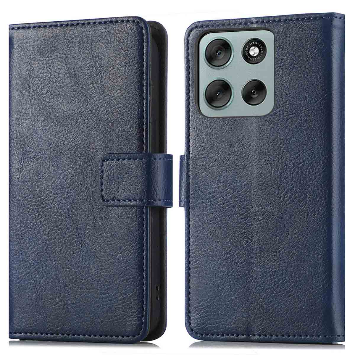 Een blauwe leren telefoonhoes, open, met de camera van de telefoon en een klepsluiting. De hoes heeft een textuuroppervlak.