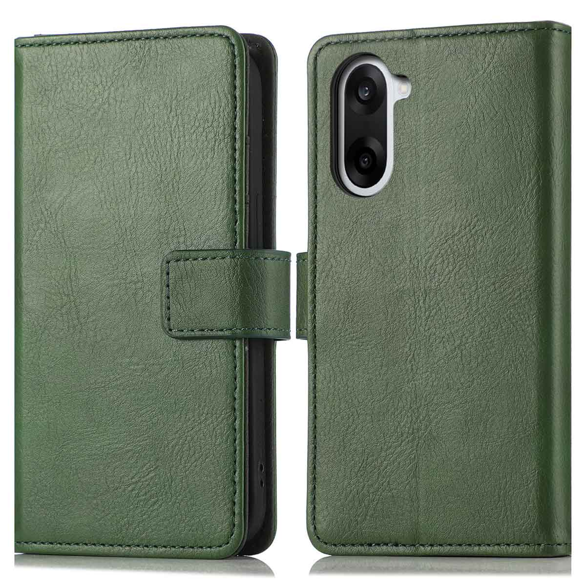 Étui de téléphone en cuir vert, ouvert. Montre l'intérieur et le trou de la caméra. Il a une fermeture magnétique.