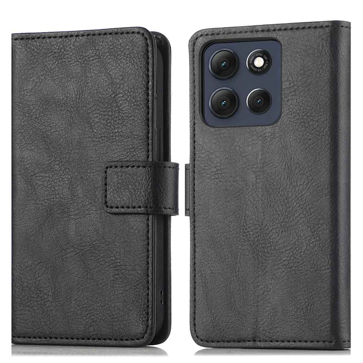 Étui de téléphone en cuir noir ouvert, montrant la caméra du téléphone et l'intérieur de l'étui. L'étui a une fermeture magnétique.