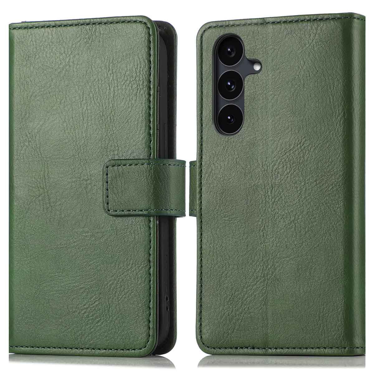 Étui de téléphone en cuir vert, ouvert. Montre la caméra du téléphone et l'intérieur de l'étui. Dispose d'une fermeture magnétique.