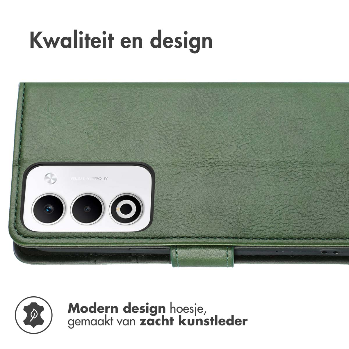 Custodia verde per telefono con modulo fotocamera e i testi "Kwaliteit en design" e "Modern design hoesje, gemaakt van zacht kunstleder".