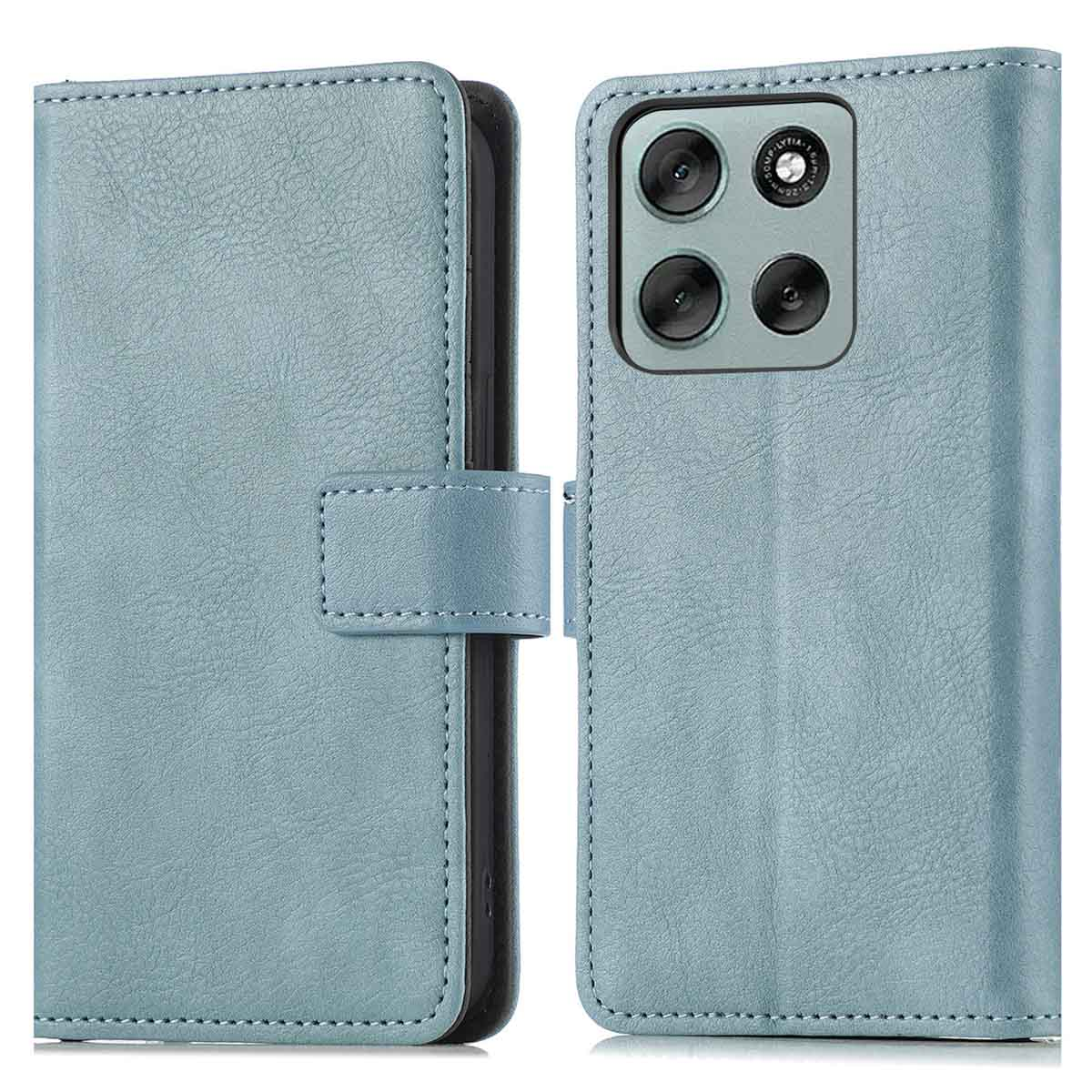 Un étui de téléphone bleu clair avec fermoir magnétique. L'étui est ouvert, révélant un téléphone avec quatre caméras.