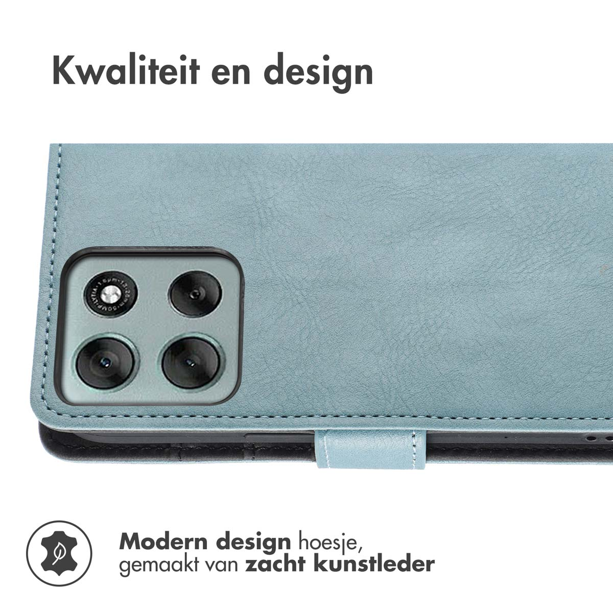 Un étui de téléphone bleu clair avec une découpe pour l'appareil photo. Le texte supérieur dit 'Kwaliteit en design'. Le texte inférieur dit 'Modern design hoesje'.