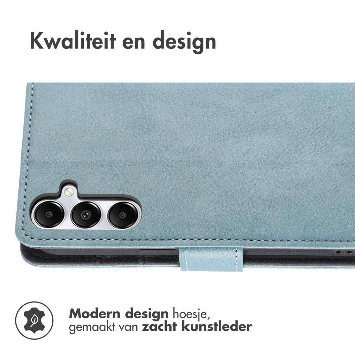 Een lichtblauwe telefoonhoes, met de camera zichtbaar. Tekst bovenaan: 'Kwaliteit en design', onderaan: 'Modern design'.