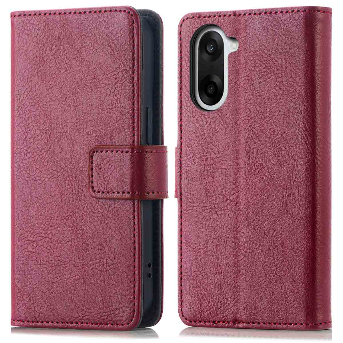 Een bordeauxrode leren telefoonhoes, open en dicht. De hoes heeft stiksels en een magnetische sluiting. De achterkant toont een camera.