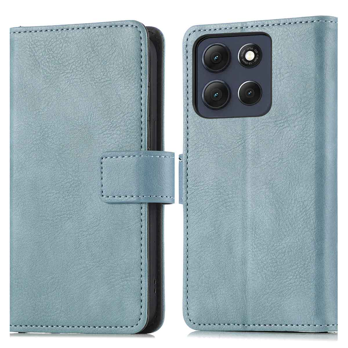 Un étui de téléphone bleu clair est ouvert. L'étui a une fermeture magnétique et un module caméra avec quatre lentilles. L'étui est en similicuir.