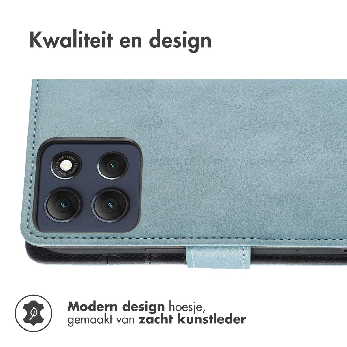 Un étui de téléphone bleu-vert avec un module de caméra est ouvert, révélant le téléphone. Le texte dit 'Kwaliteit en design' et 'Modern design hoesje'.