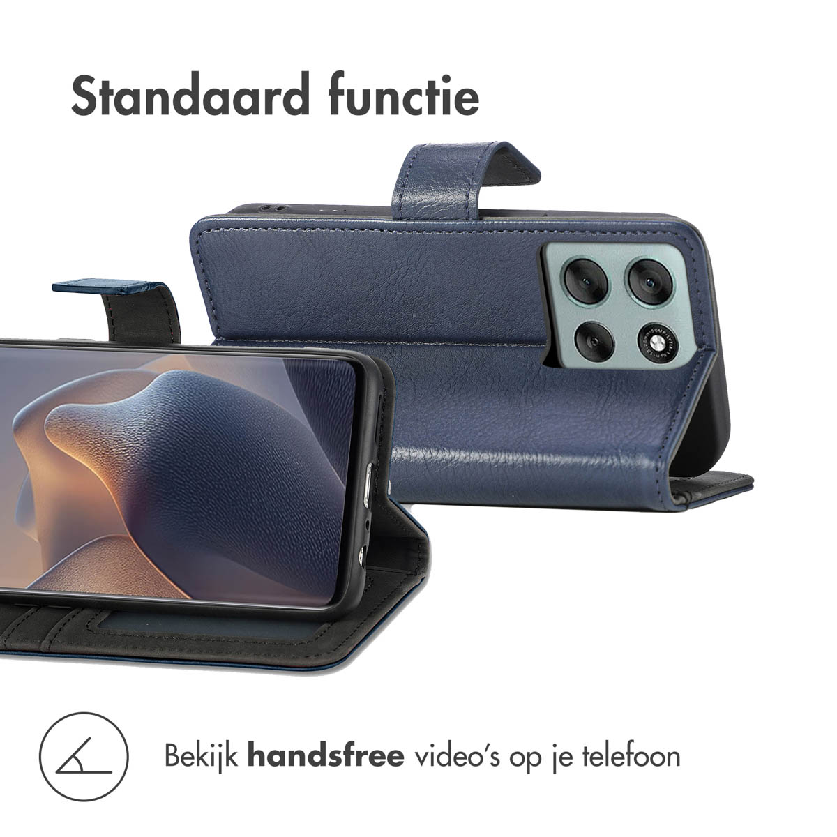 Een blauwe telefoonhoes met een telefoon erin. De hoes is open en toont het scherm van de telefoon. Tekst: 'Bekijk handsfree video's op je telefoon'.