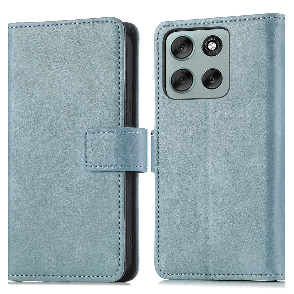 Een blauwe leren telefoonhoes met magneetsluiting. De hoes is open en toont de telefoon en cameralenzen. Stikseldetails zijn zichtbaar.
