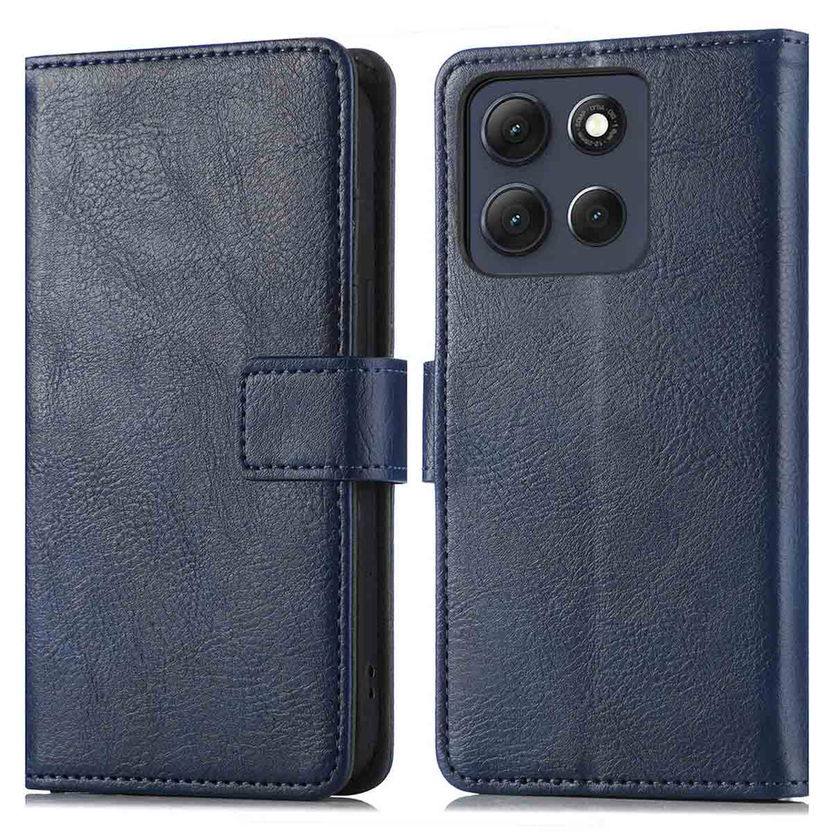 Un étui de téléphone en cuir bleu, ouvert. Il a une fermeture magnétique et une matrice de caméra est visible à droite.