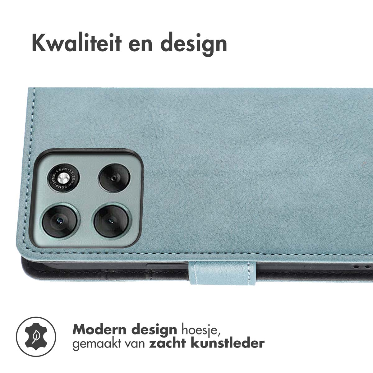 Close-up van een lichtblauwe telefoonhoes met een zichtbare cameramodule. Tekst: 'Kwaliteit en design' en 'Modern design hoesje'.