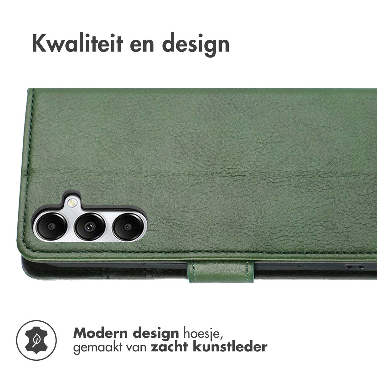 Groene telefoonhoes met drie cameralenzen. Boven: 'Kwaliteit en design'. Onder: 'Modern design hoesje, gemaakt van zacht kunstleder'.