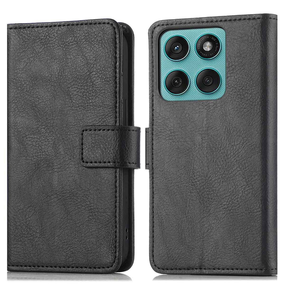Zwarte leren telefoonhoes met flap. De hoes heeft vier cameralenzen. De hoes sluit met een drukknop.