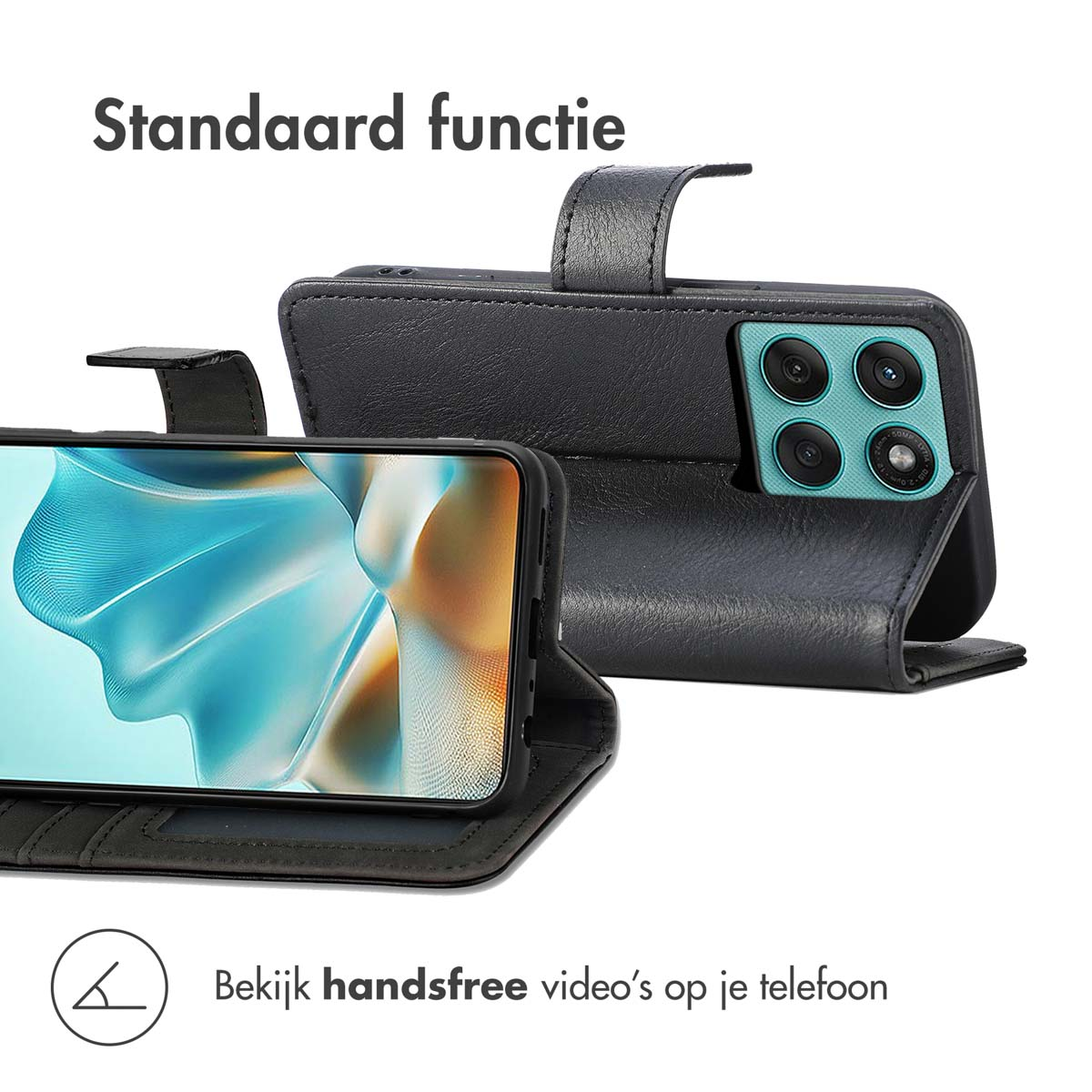 Een zwarte telefoonhoes met een telefoon erin. De hoes is open en toont het scherm. De achterkant heeft camera's.