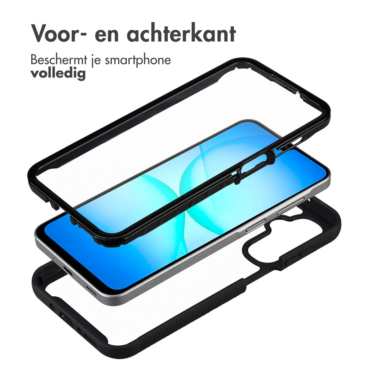 Smartphone case components, black and transparent, layered. Phone visible inside. Text at top: front and back. White background.