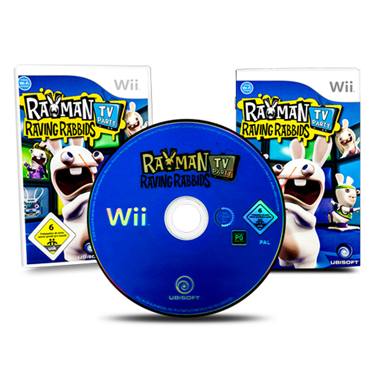 Rayman Raving Rabbids Wii-Spielset. Enthält zwei Spielhüllen und eine Spiel-Disc. Die Disc und Hüllen haben Spielgrafiken.