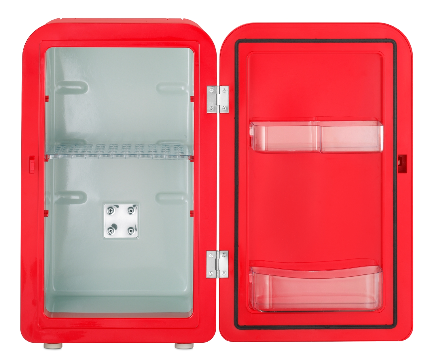 Offener roter Mini-Kühlschrank mit offener Tür. Der Innenraum ist hellgrau, mit einem Regal und Türstauraum. Die Tür hat Aufbewahrungsbehälter.