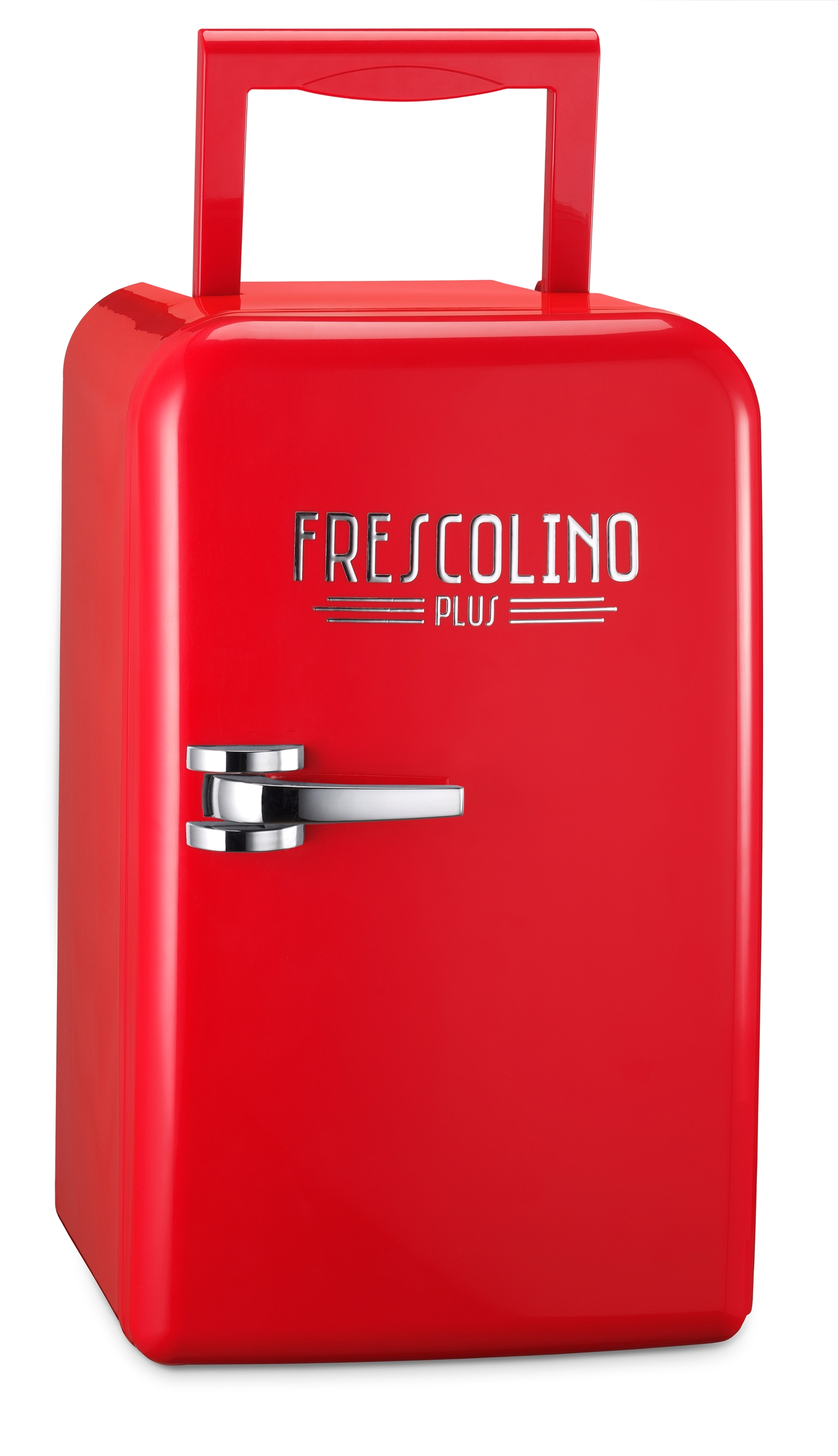 Ein roter Frescolino Plus Mini-Kühlschrank mit Griff. Er hat einen silbernen Griff und Text.