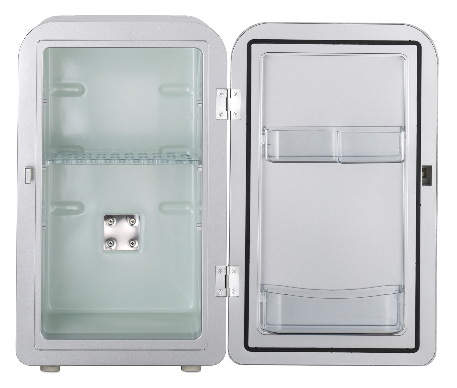 Ein offener, silberner Mini-Kühlschrank mit einer offenen Tür. Im Inneren befindet sich ein Regal und kleine Kunststoffregale an der Tür.