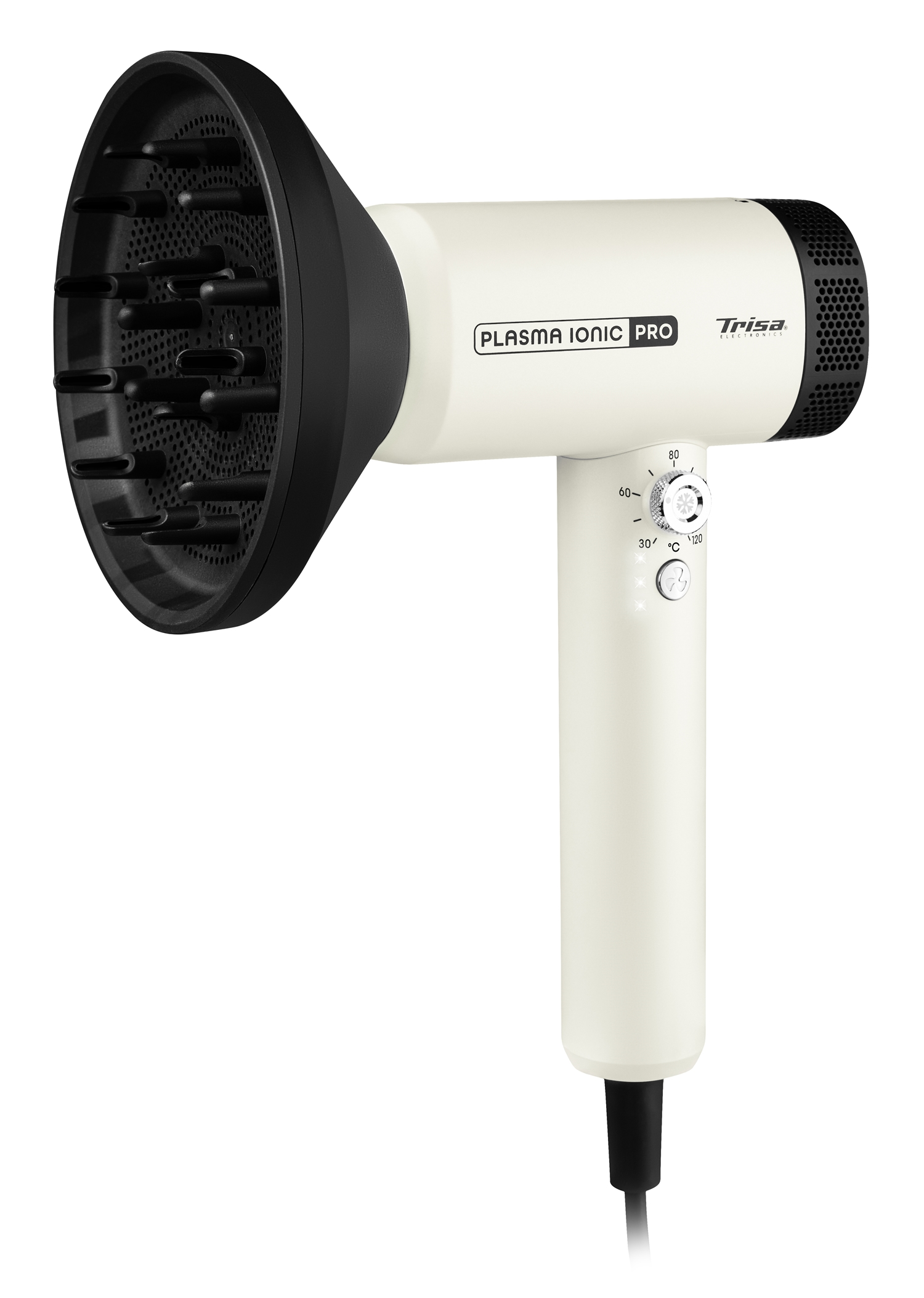 Cremefarbener Haartrockner mit schwarzem Diffusor und Bedienelementen. Mit der Marke 'Trisa' und 'Plasma Ionic Pro'.