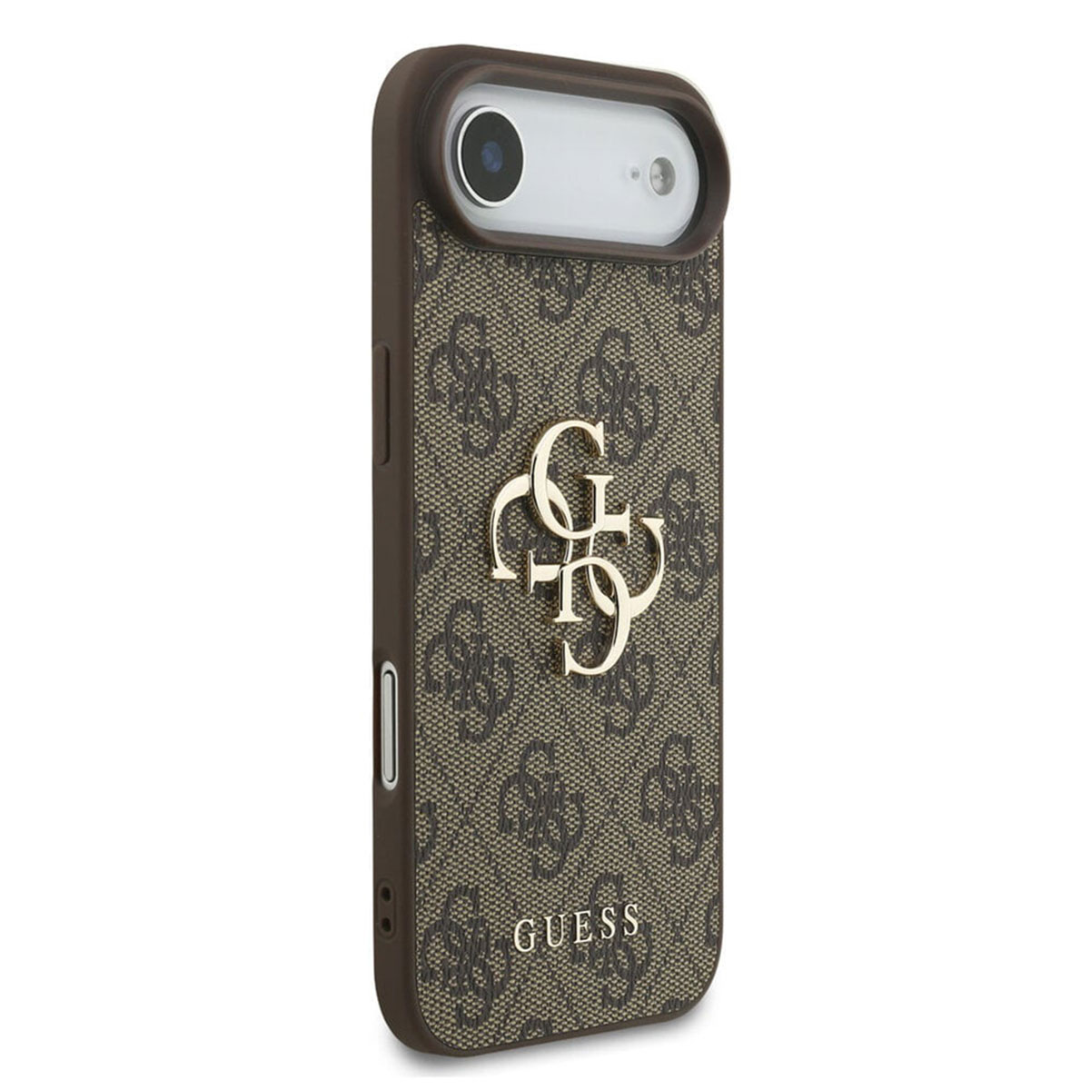 Una custodia per telefono Guess marrone e beige con il logo Guess. La custodia è su sfondo bianco.