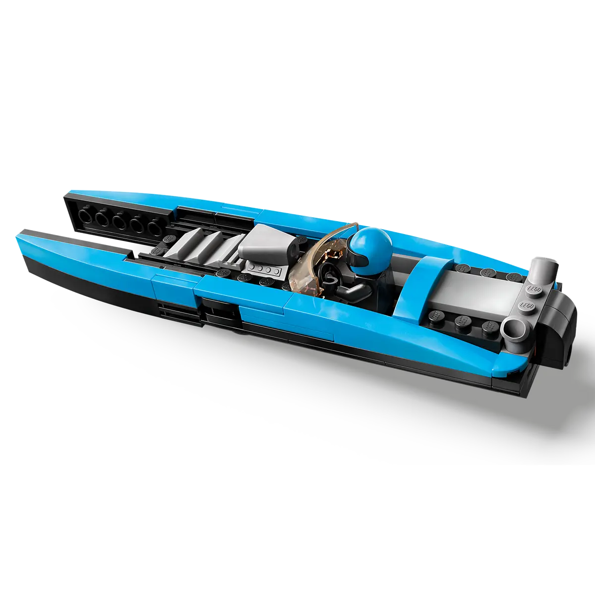 Un motoscafo LEGO blu con un pilota con casco blu. La barca ha dettagli neri e un parabrezza trasparente.