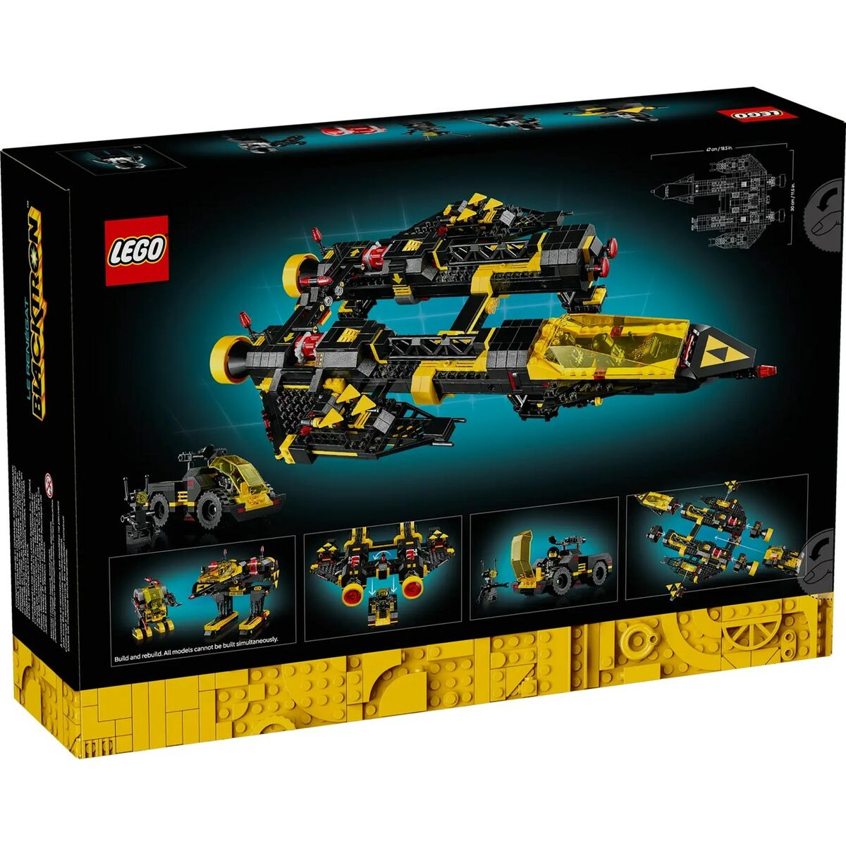 Scatola del set LEGO Blacktron. Presenta un'astronave nera e gialla, altri veicoli e il logo LEGO. Lo sfondo è nero con un bordo giallo.