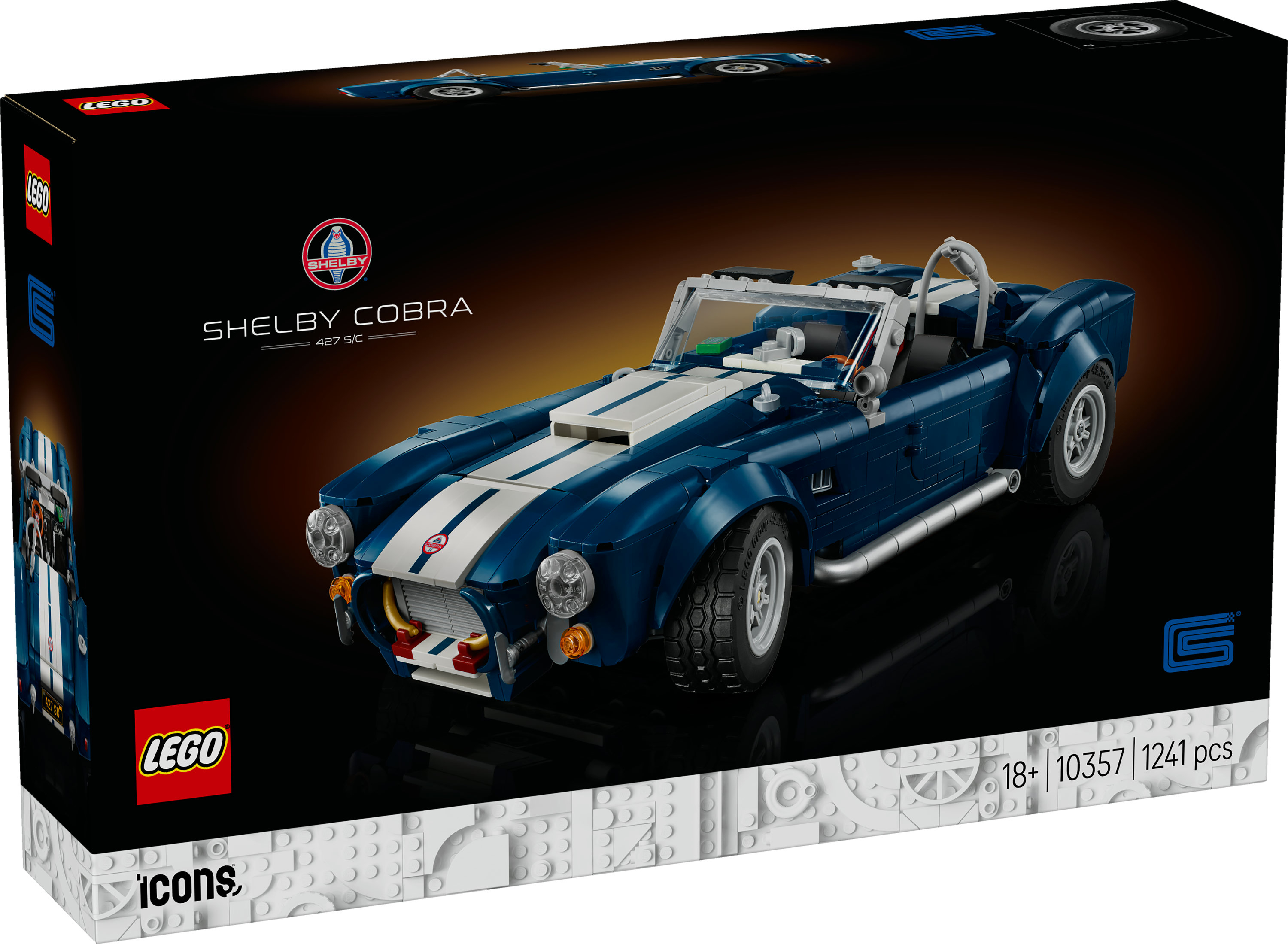 Pudełko Lego z niebieskim modelem samochodu Shelby Cobra, białymi paskami i czarnym tłem.