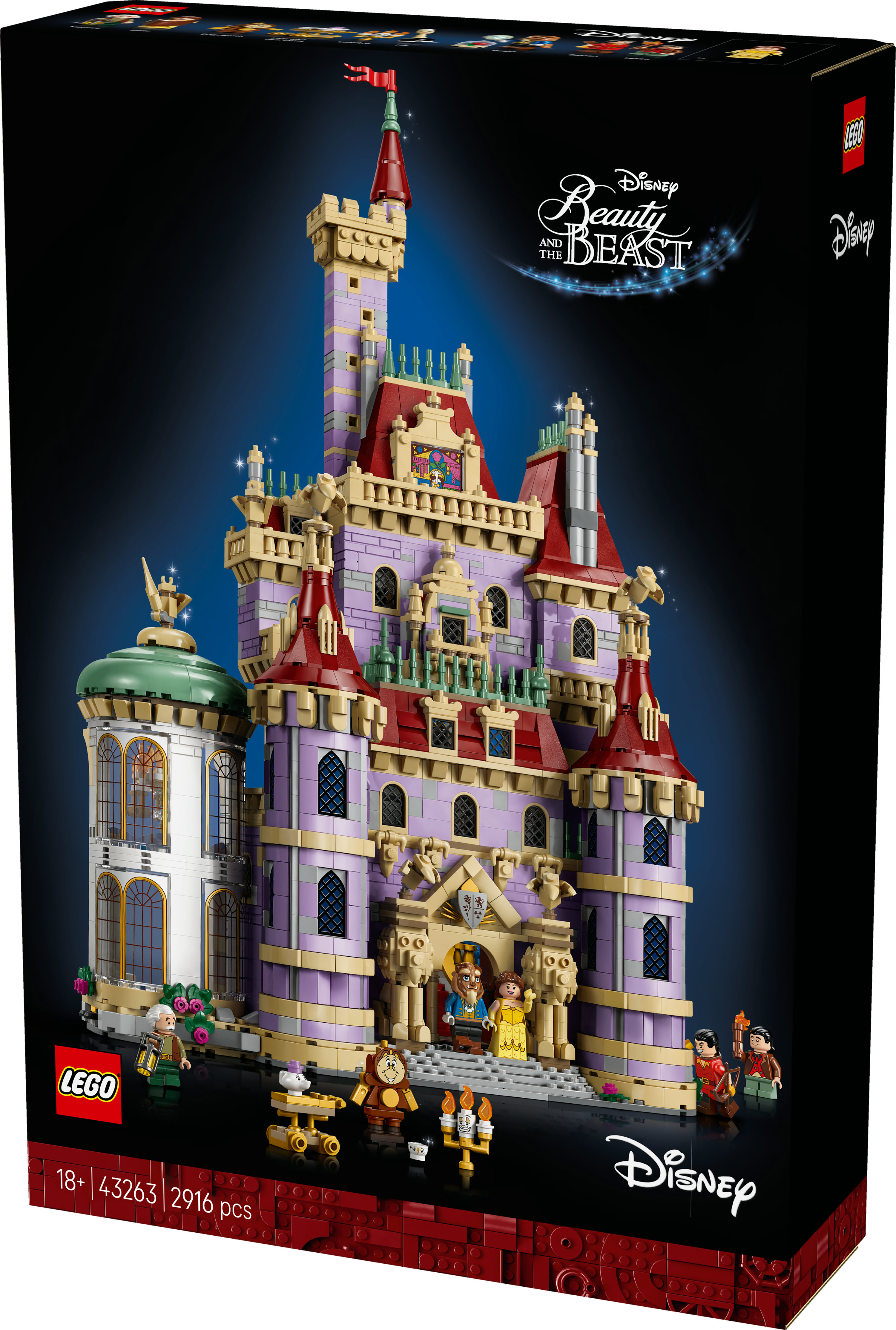 Pudełko zamku Lego Piękna i Bestia. Fioletowy zamek z czerwonymi dachami. Obecne postacie Disneya i figurki Lego.