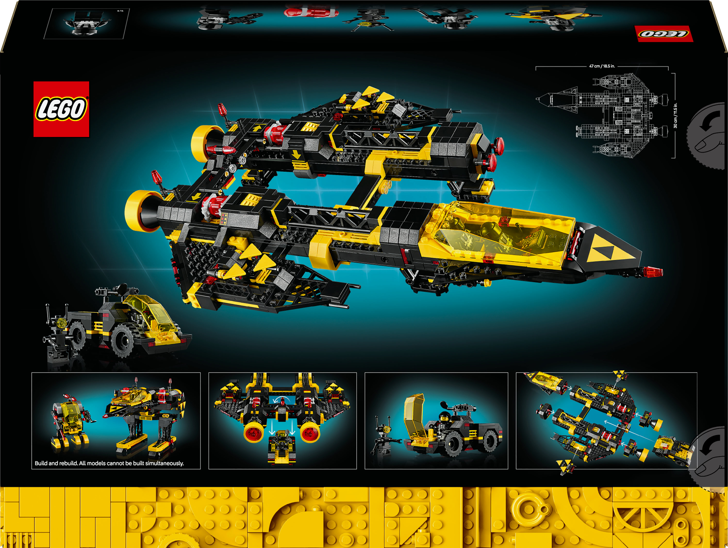 Scatola del set LEGO con un'astronave nera e gialla, con diversi modelli più piccoli e diagrammi.