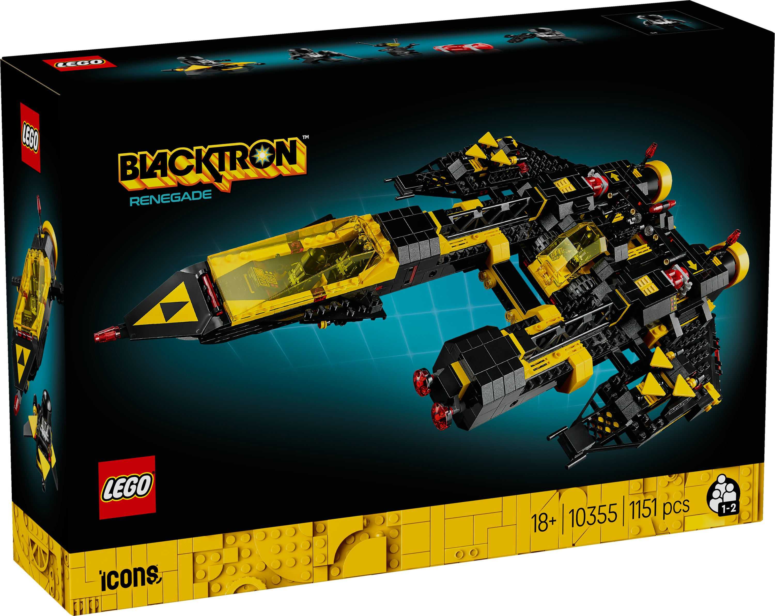 Illustrazione della scatola di una navicella spaziale LEGO Blacktron Renegade. Nave nera e gialla su sfondo blu scuro.