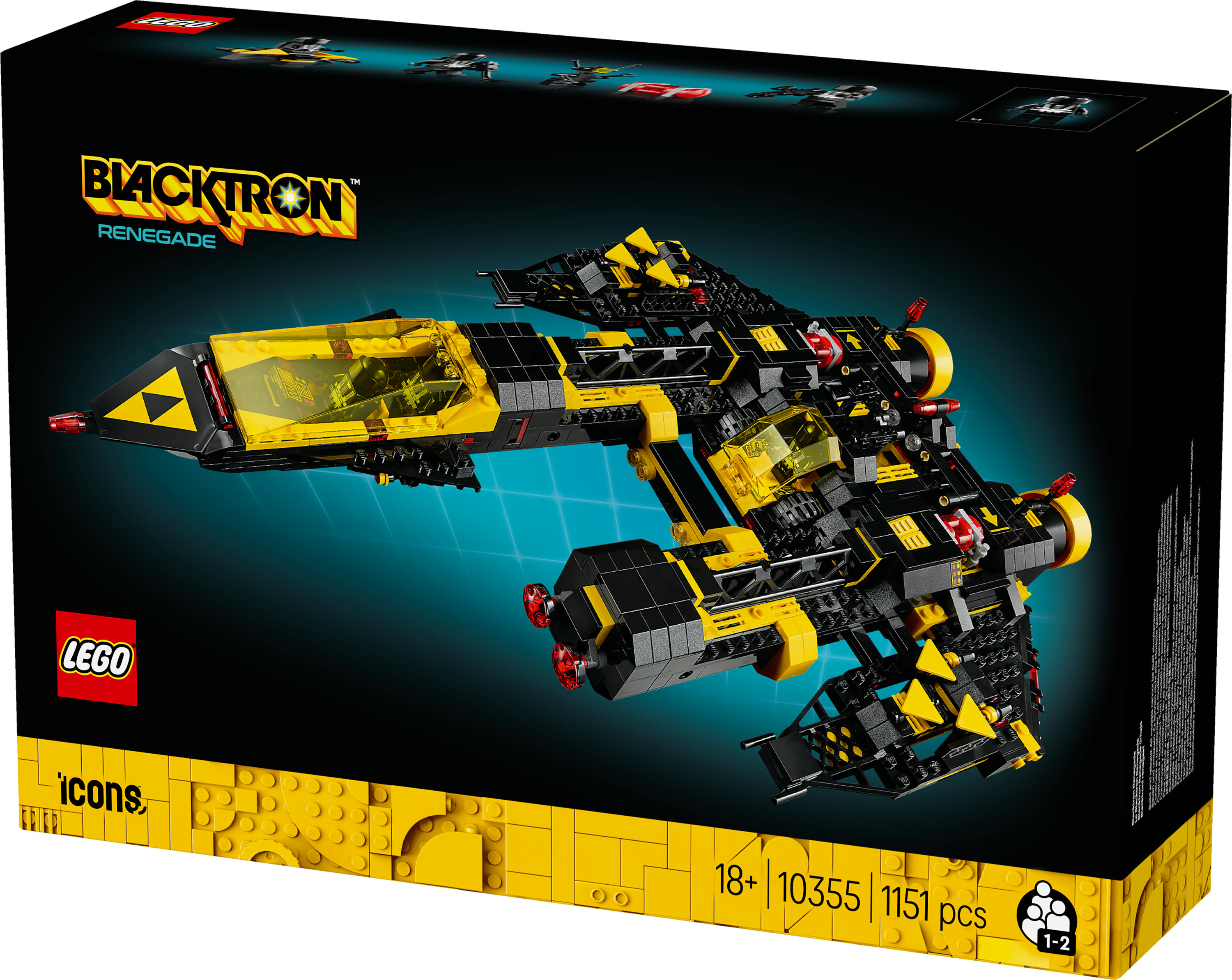Una scatola Lego mostra un'astronave Blacktron Renegade nera e gialla. La scatola ha i loghi Lego e Blacktron.