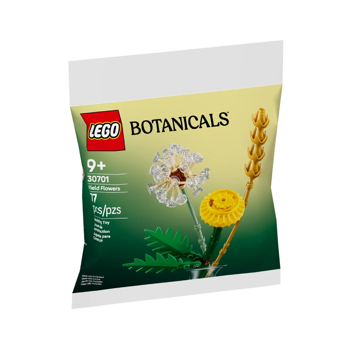 Şeffaf plastik bir torbada, bir karahindiba ve sarı bir çiçek dahil olmak üzere LEGO Botanicals kır çiçekleri seti.