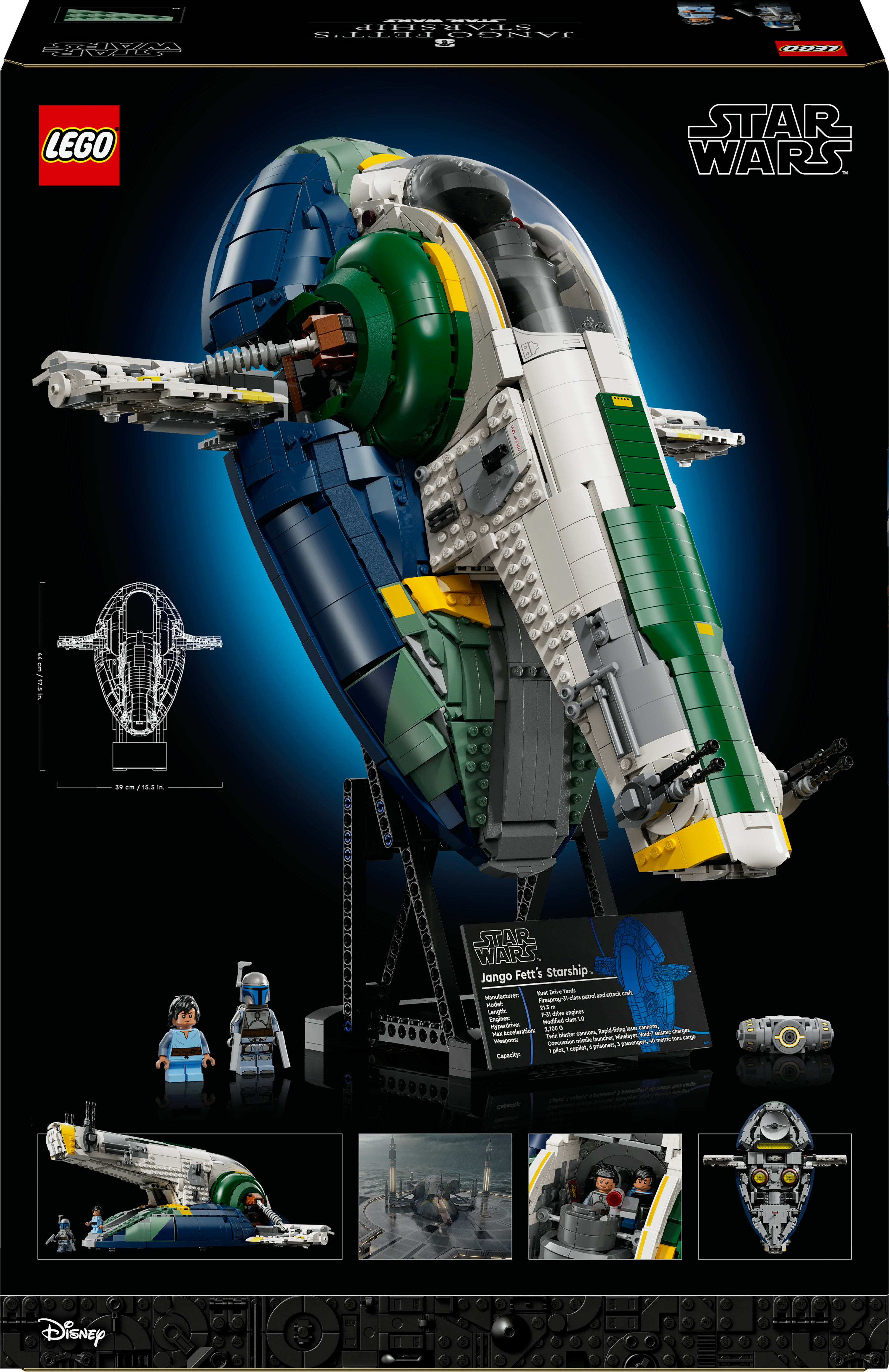 Model LEGO Star Wars Jango Fett's Starship. Niebieski, zielony i biały statek kosmiczny na czarnym stojaku. Zawiera minifigurki.