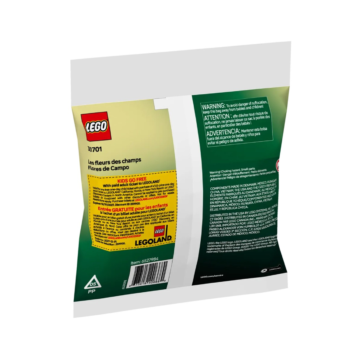 Metin ve uyarılar içeren bir LEGO paketi. Bir LEGO logosu ve bir 'Çocuklar Bedava' promosyon etiketi var.