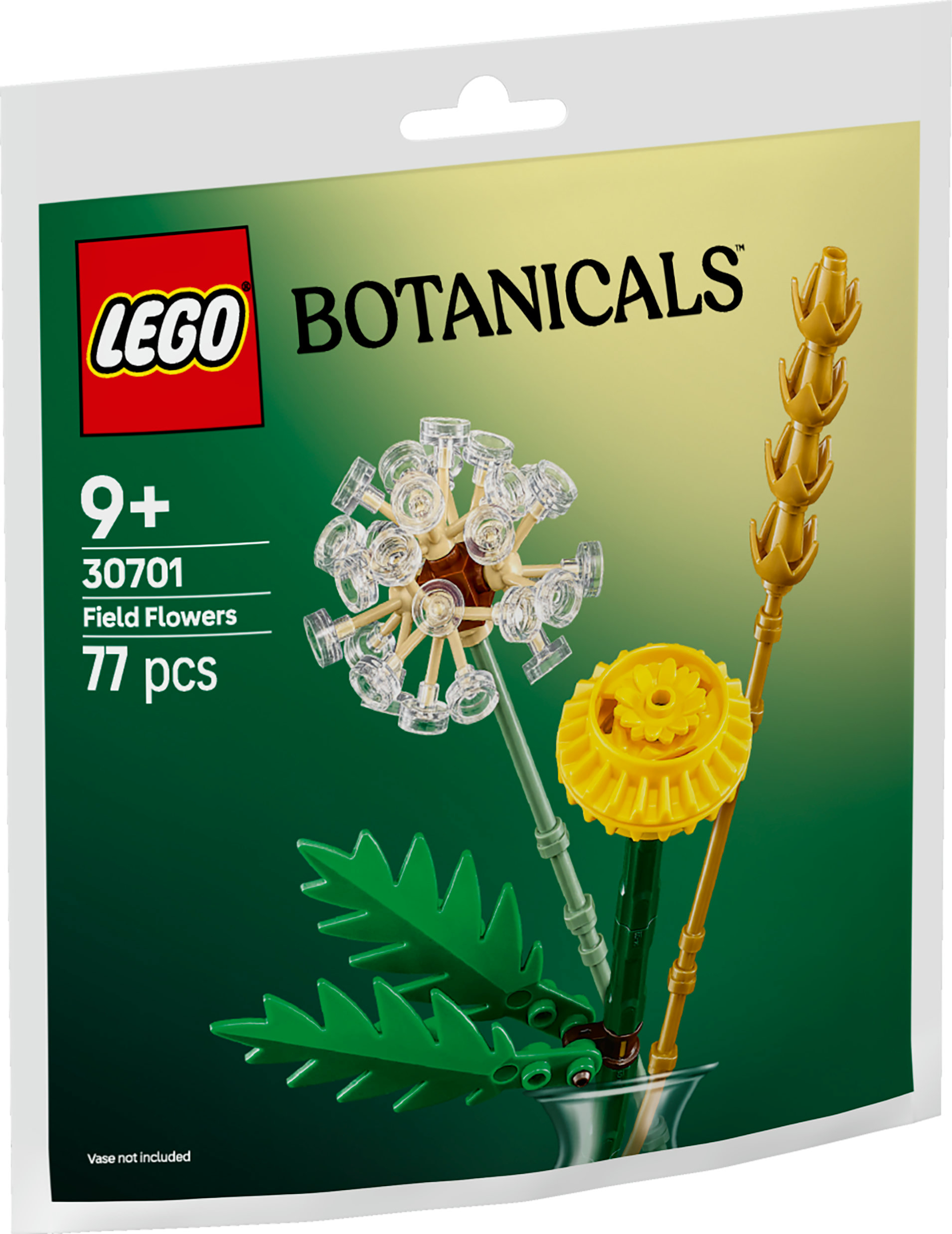 LEGO Botanicals seti. Karahindiba, sarı çiçek, yapraklar içerir. Yeşil ve sarı renkler. Beyaz paket.