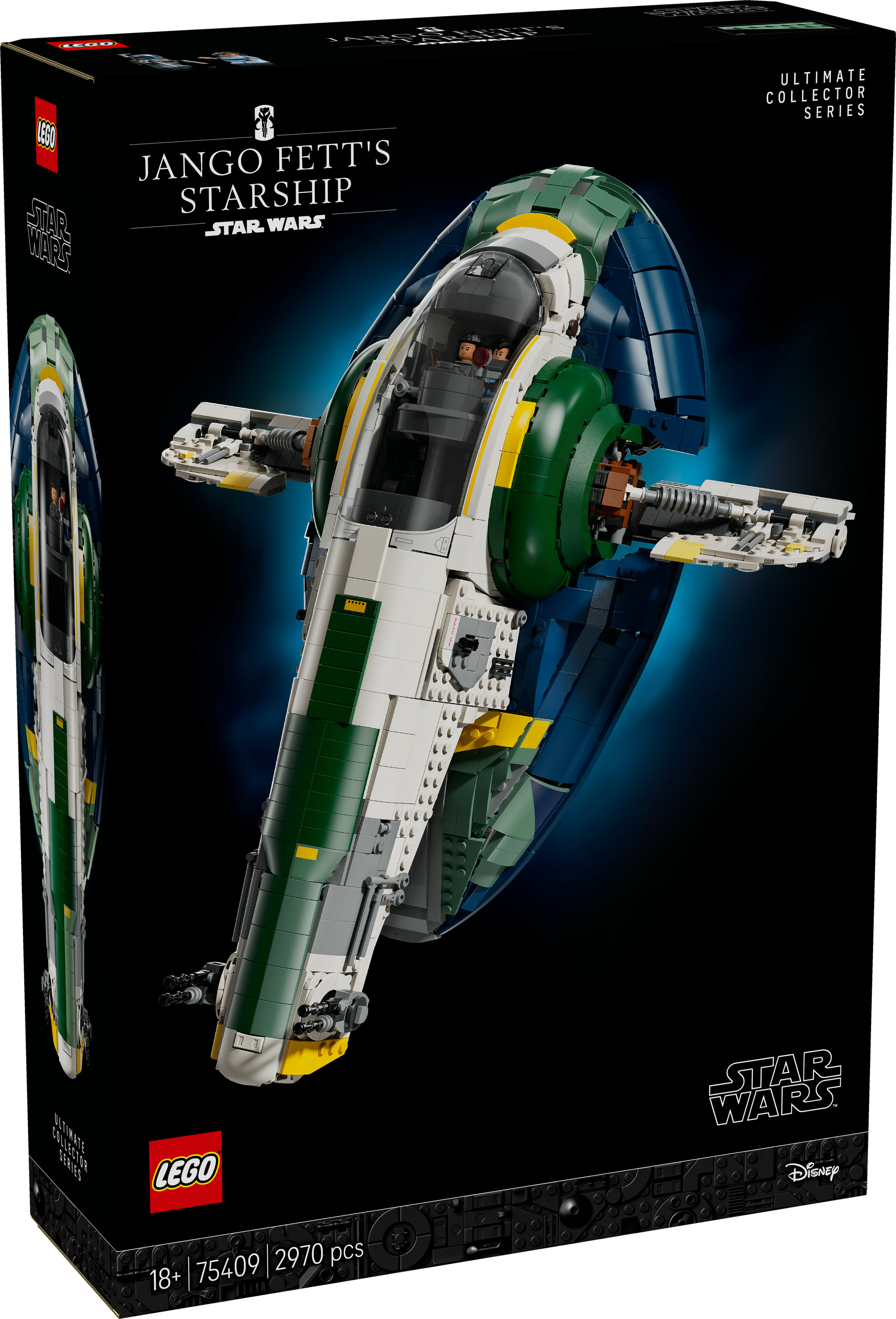 Pudełko Lego Starship Jango Fetta, z szczegółowym modelem. Pudełko przedstawia statek na ciemnym tle.